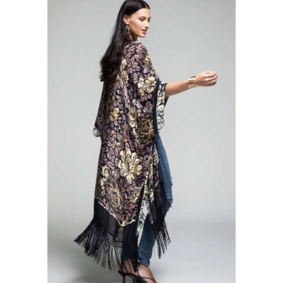 SOLD OUT Delphi Floral Motif Tassel Kimono Duster Full Long Maxi Length Coverup - Picture 3 of 5